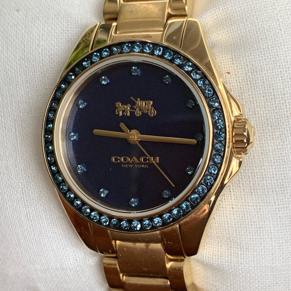 Coach Gold-Tone Watch with Blue Dial and Blue Crystal Accents